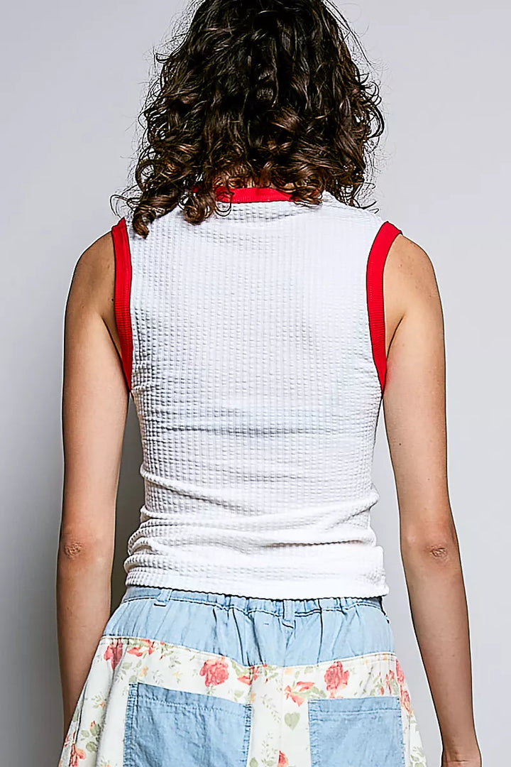Ribbed V-neck tank with contrast neckline trim
