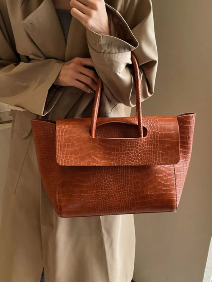 Croc-embossed faux leather shoulder tote bag