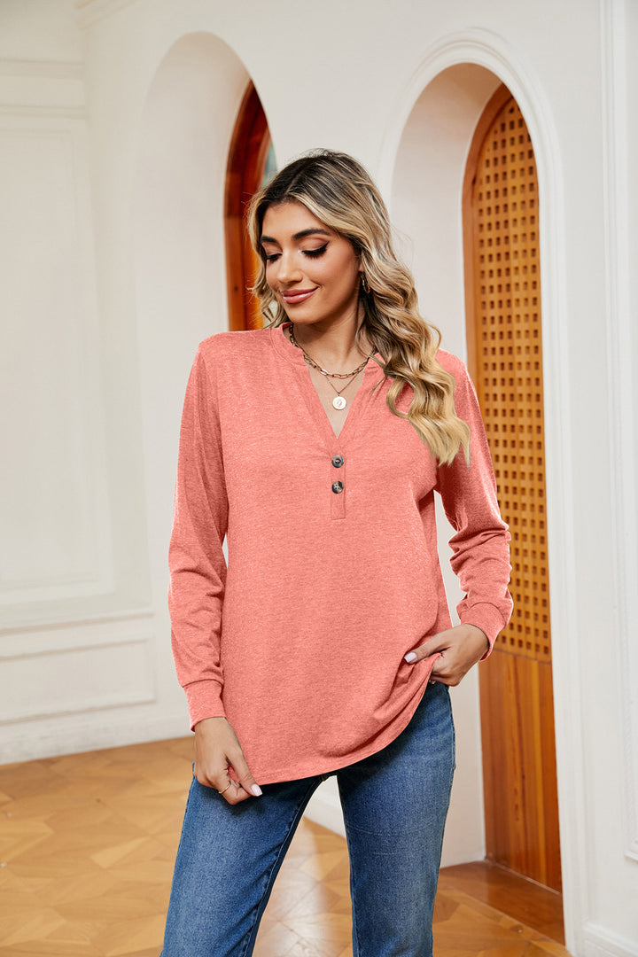 Notch neck long sleeve top with button placket