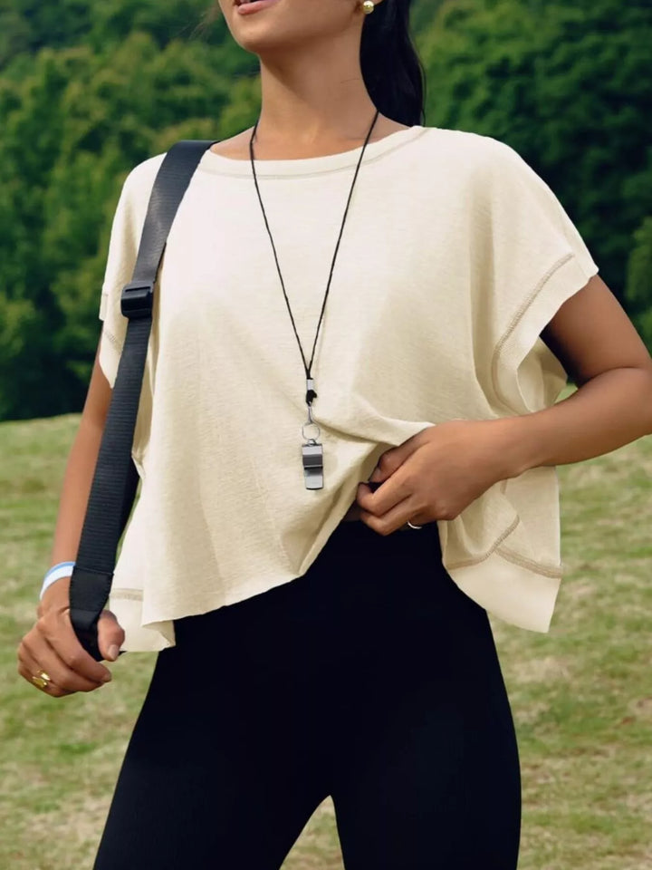 Cutout back boxy crew neck tee with exposed seams