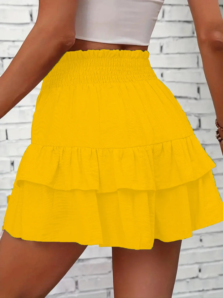 Tiered ruffle high-waist smocked skort with built-in shorts
