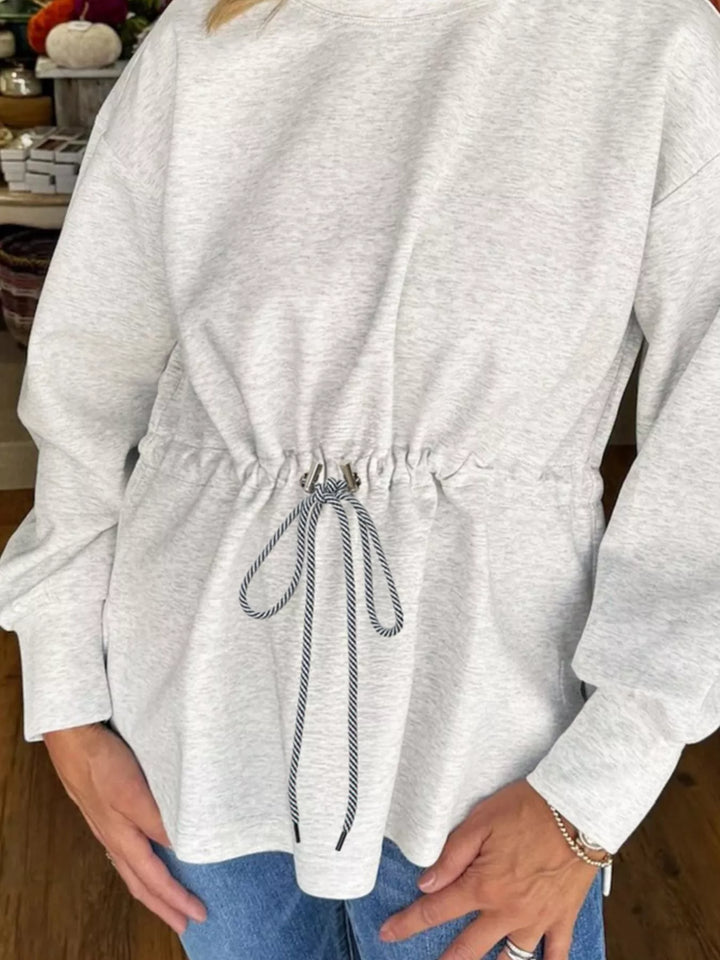 Drawstring waist crew neck tunic sweatshirt