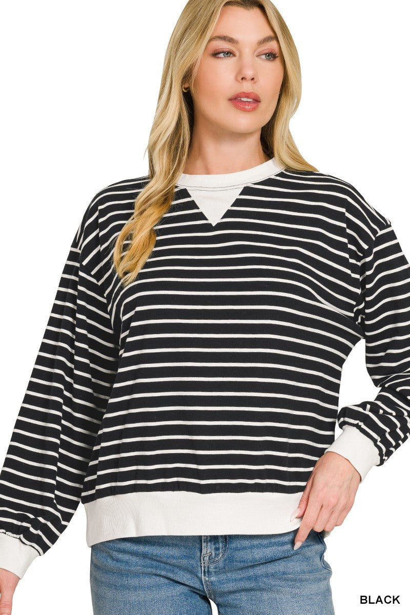 BLACK Striped rib-banded crewneck pullover sweatshirt