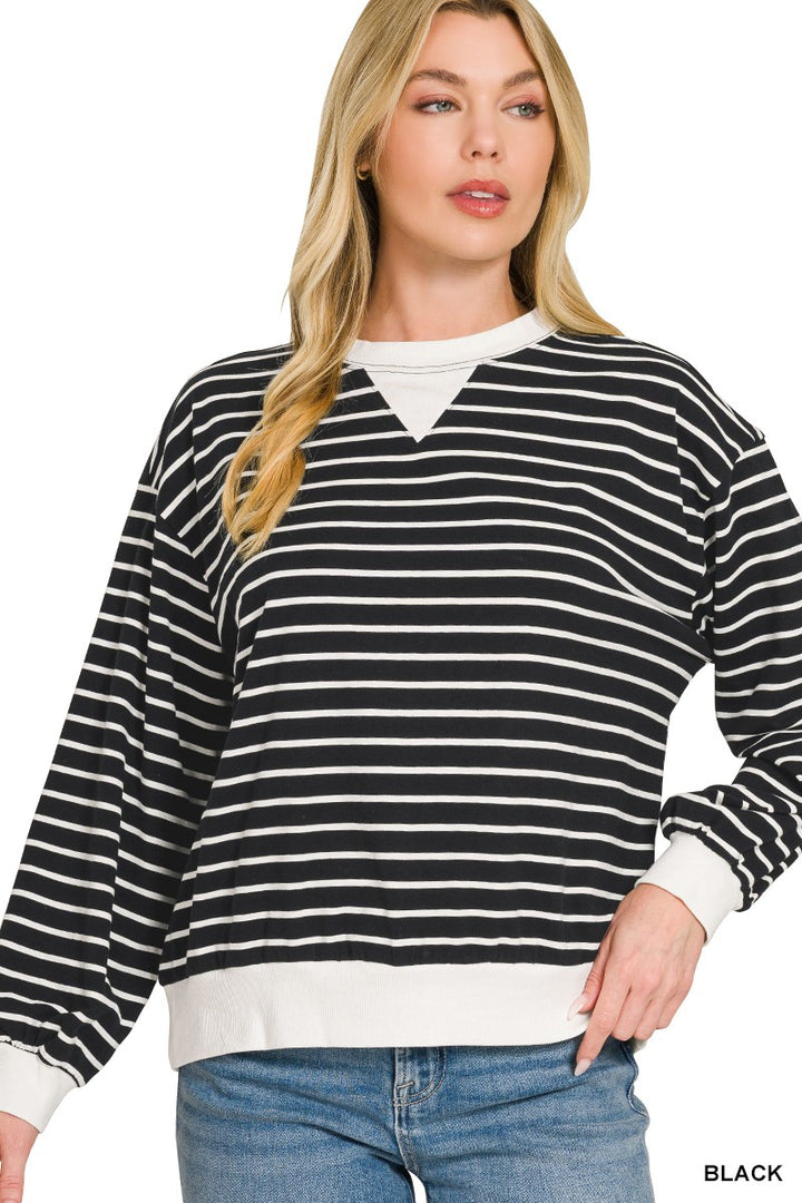 BLACK Striped rib-banded crewneck pullover sweatshirt