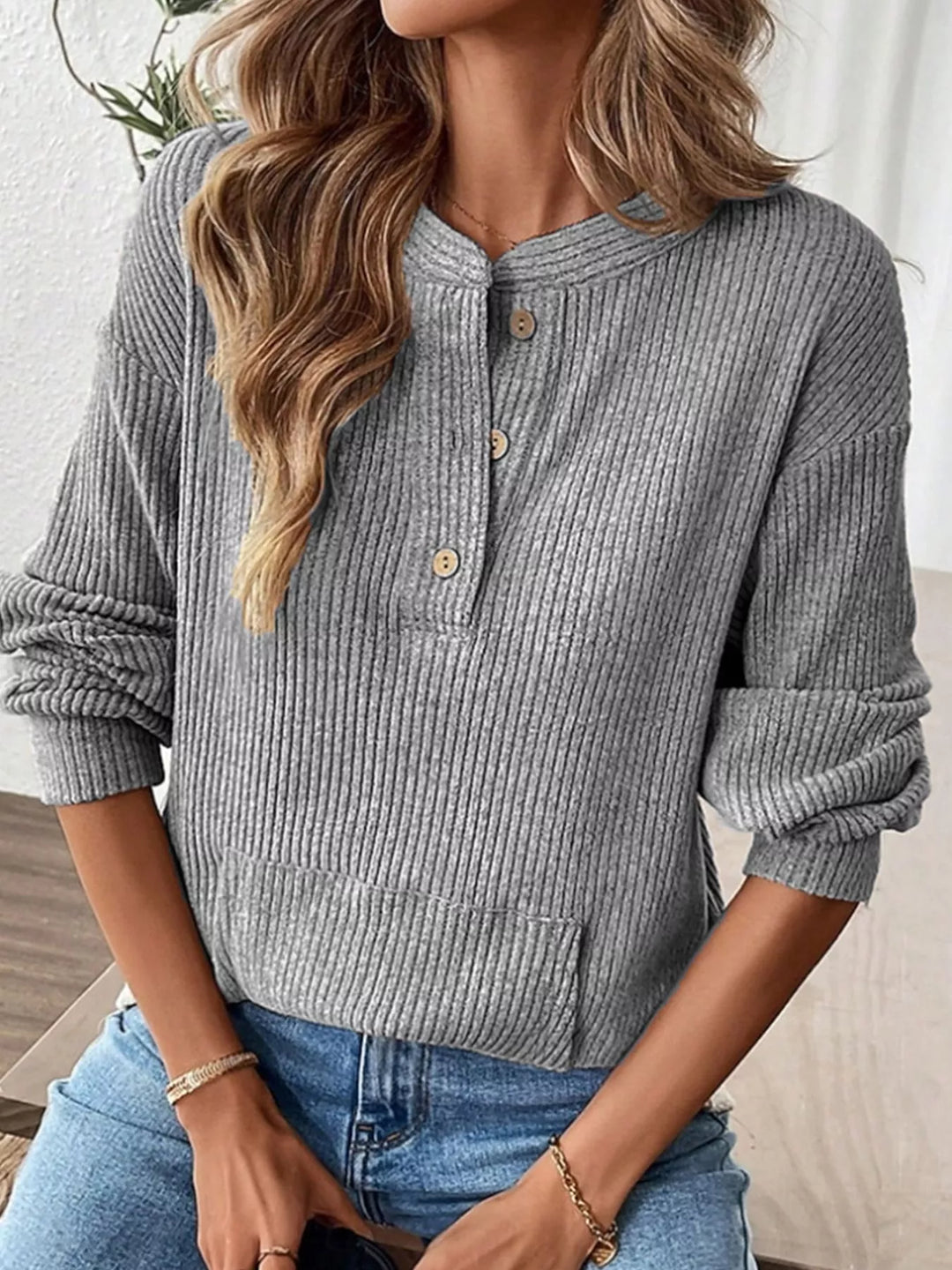 Gray Ribbed knit long sleeve henley top with button placket
