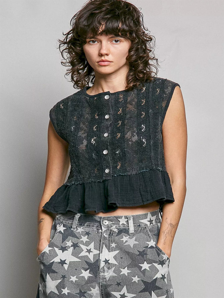 BLACK Lace button-front crop top with gauze ruffle hem