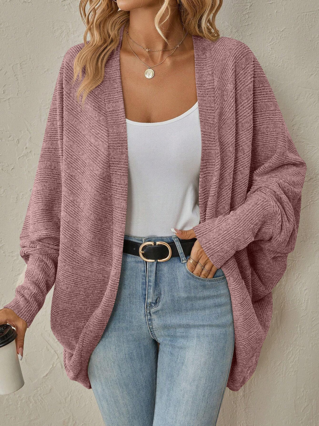 Ribbed open-front batwing sleeve cardigan