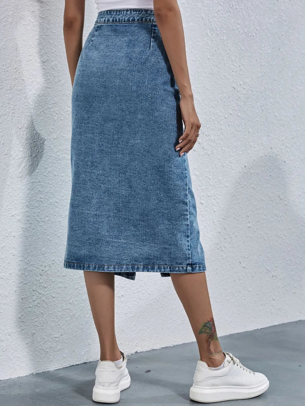 Pleated high-rise button-front denim midi skirt with pockets