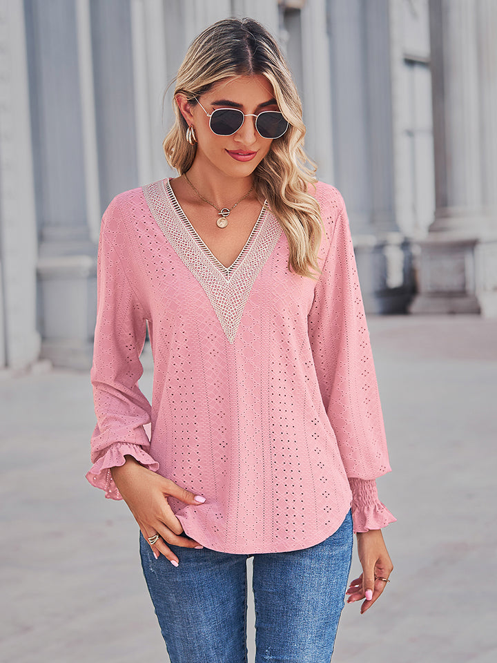 Eyelet V-neck blouse with lace trim and flounce sleeves