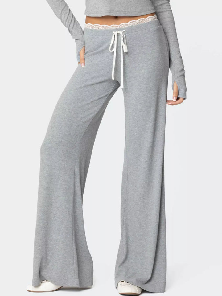 Grey Lace trim wide leg lounge pants with drawstring tie