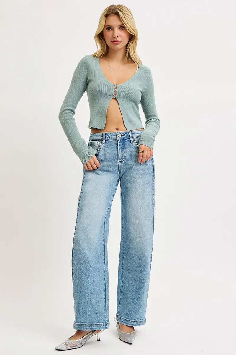 Mid-rise wide barrel jeans with adjustable snap hem
