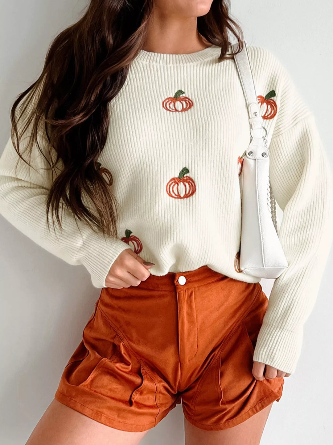 Cream Pumpkin embroidered ribbed knit crew neck sweater