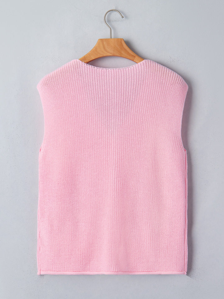 V-neck button-front knit sweater vest with patch pockets