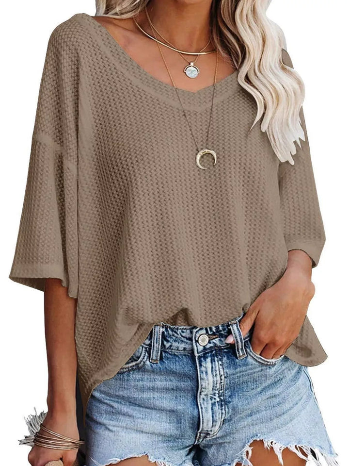 Khaki Color Waffle knit v-neck drop shoulder short sleeve tee