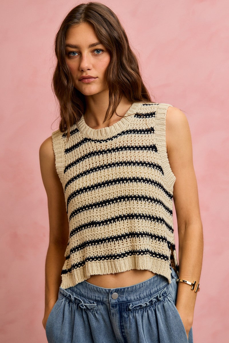 Striped low-gauge knit sleeveless sweater top
