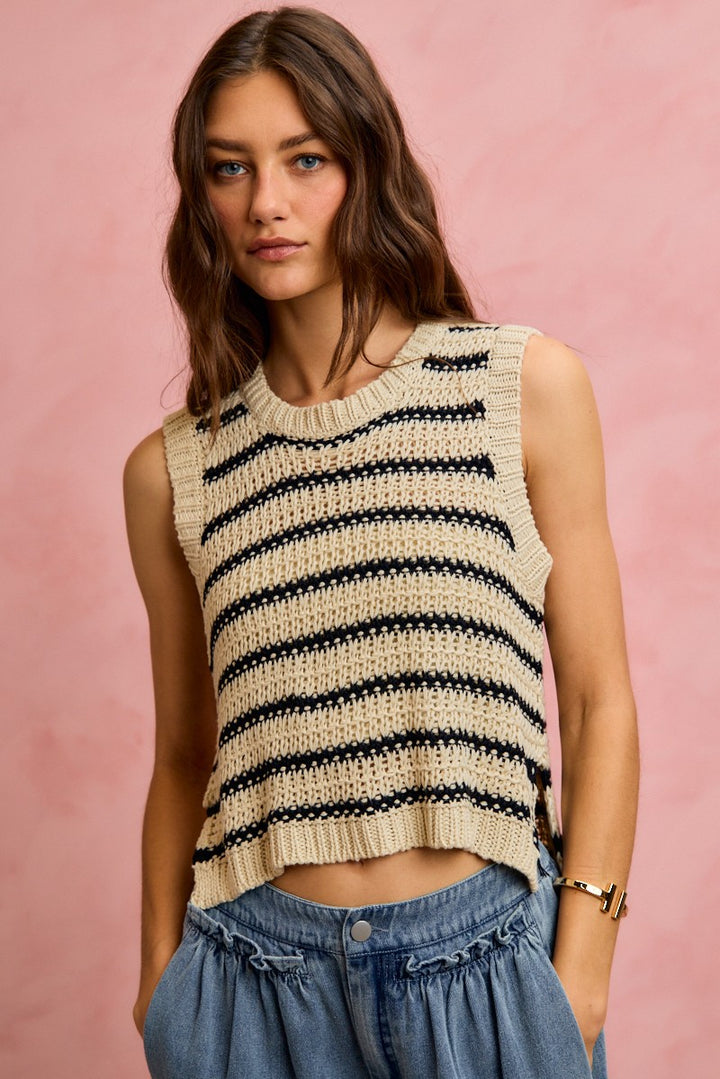 Striped low-gauge knit sleeveless sweater top