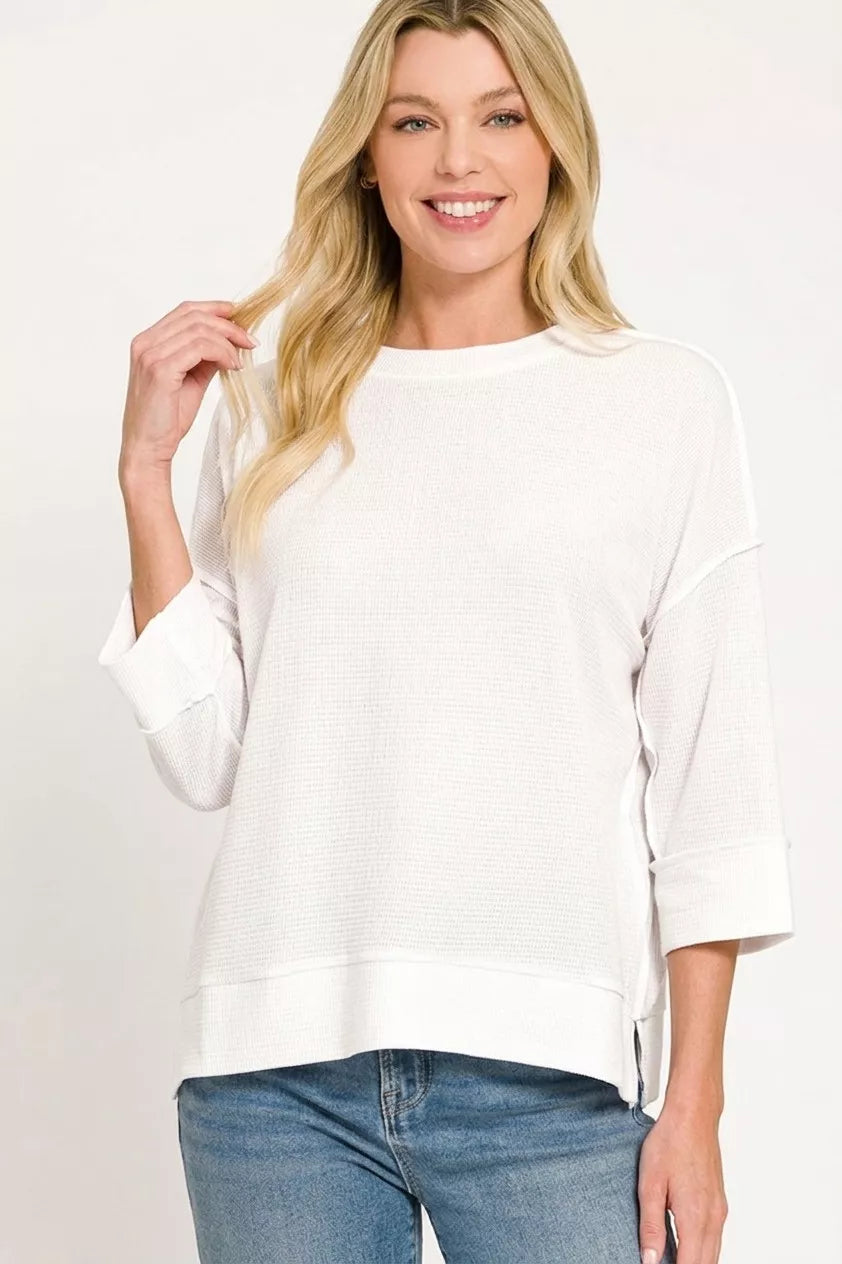 WHITE Double knit crew neck pullover top with 3/4 sleeves and side slits