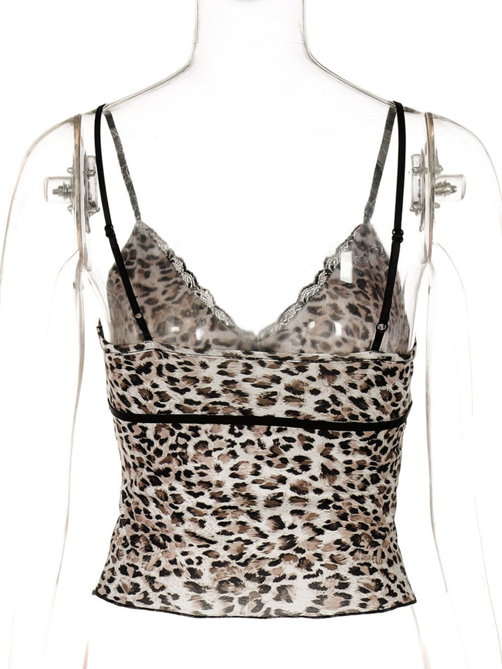 Leopard print cami with lace trim V-neck