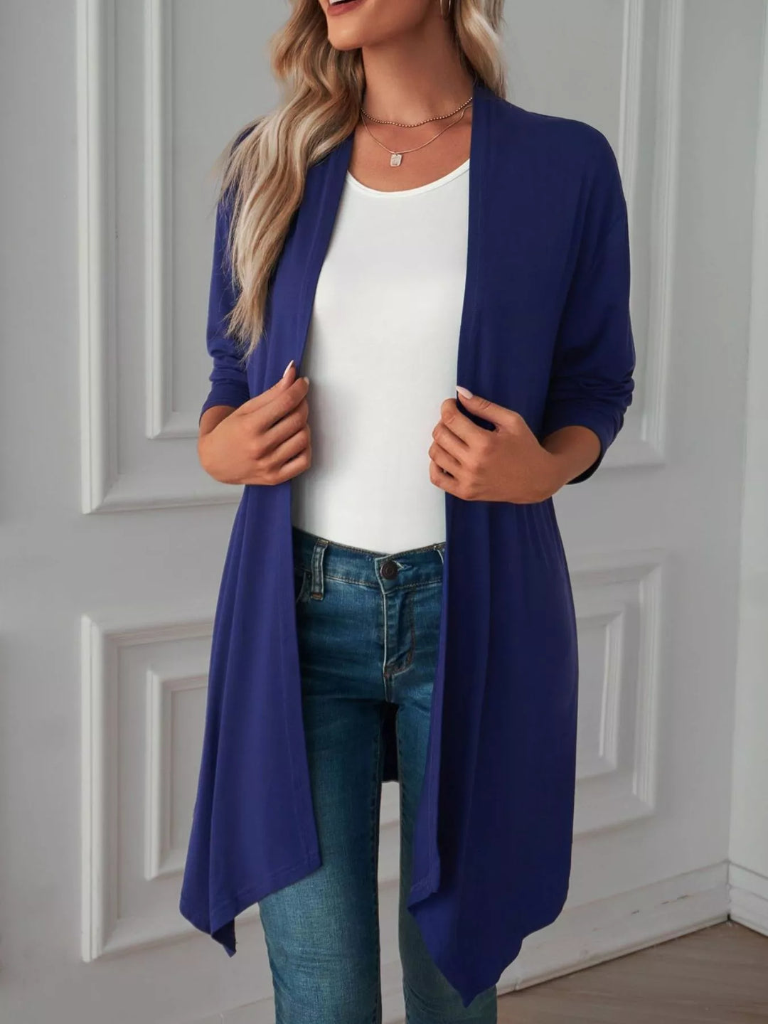 Lightweight open front cardigan with draped waterfall hem