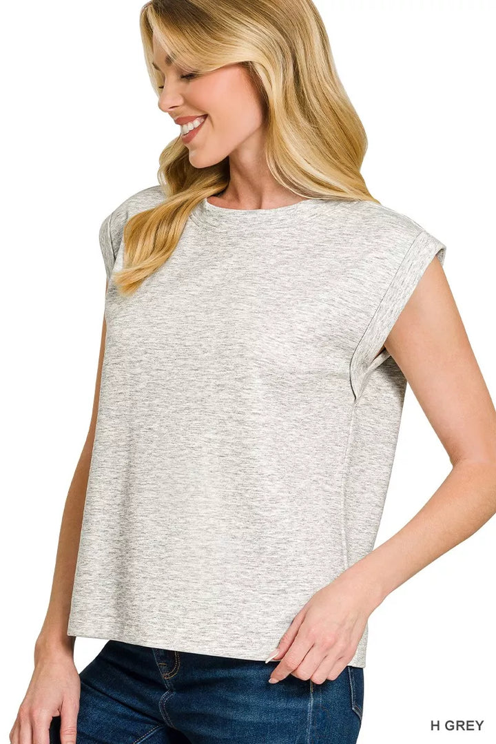 H GREY Structured scuba round neck cap sleeve top