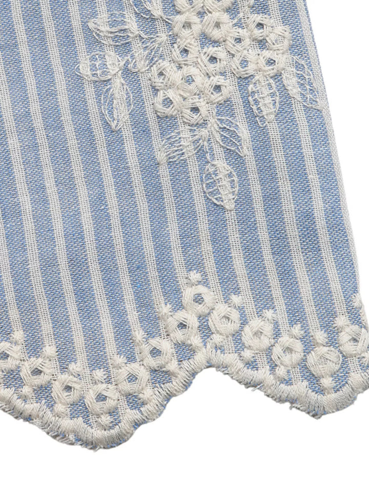 Striped floral embroidered square-neck ruffle-sleeve blouse