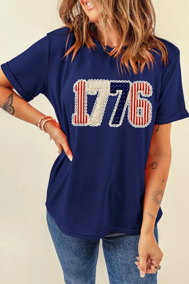 1776 lace-trim flag appliqué crew neck graphic tee