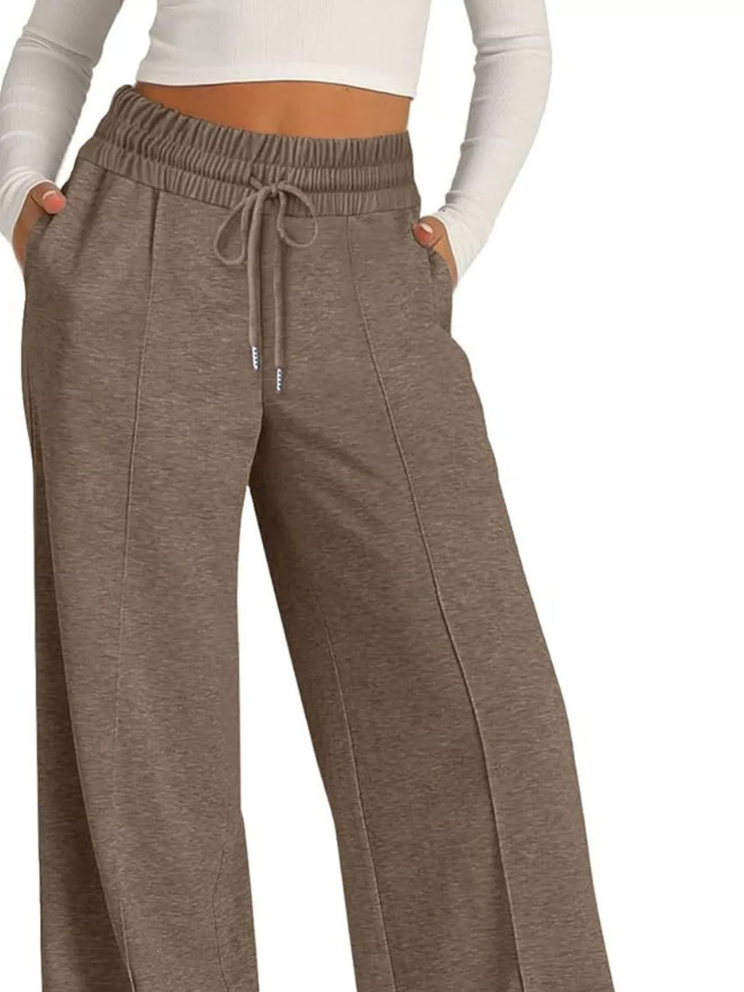 Dark Brown Wide-leg drawstring pants with elastic waist and pockets