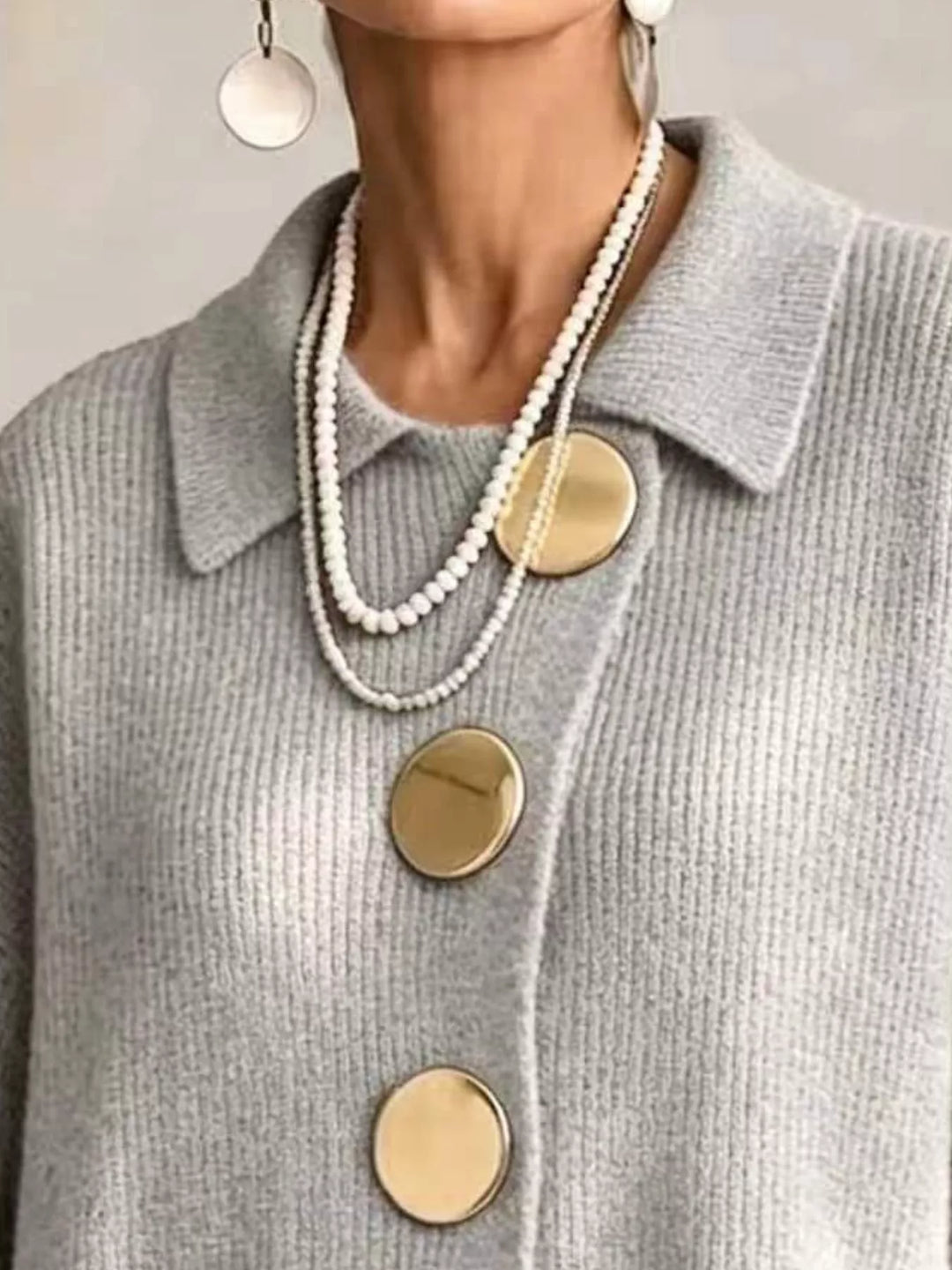 Oversized gold button ribbed knit collared cardigan