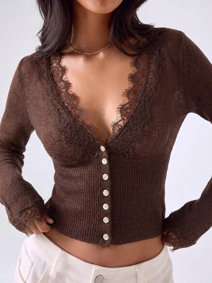 Chocolate Lace-trim deep V-neck button-front cropped knit cardigan