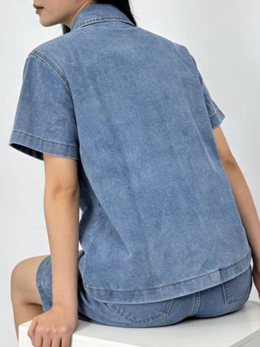 Short sleeve denim shirt and drawstring shorts set