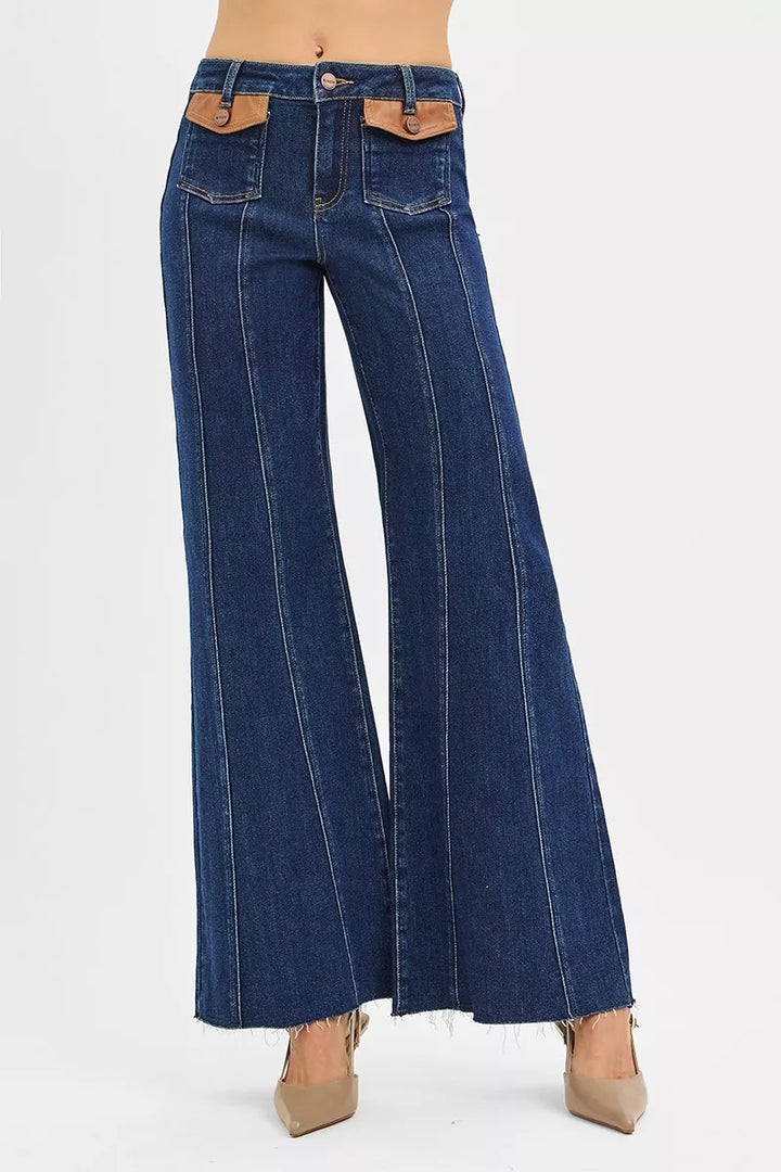 DARK High-rise wide flare jeans with leather pocket flaps