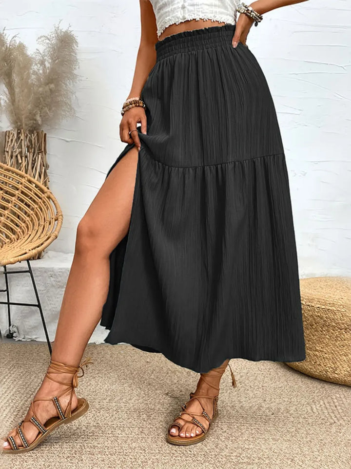 Tiered crinkle midi skirt with smocked waist and front slit