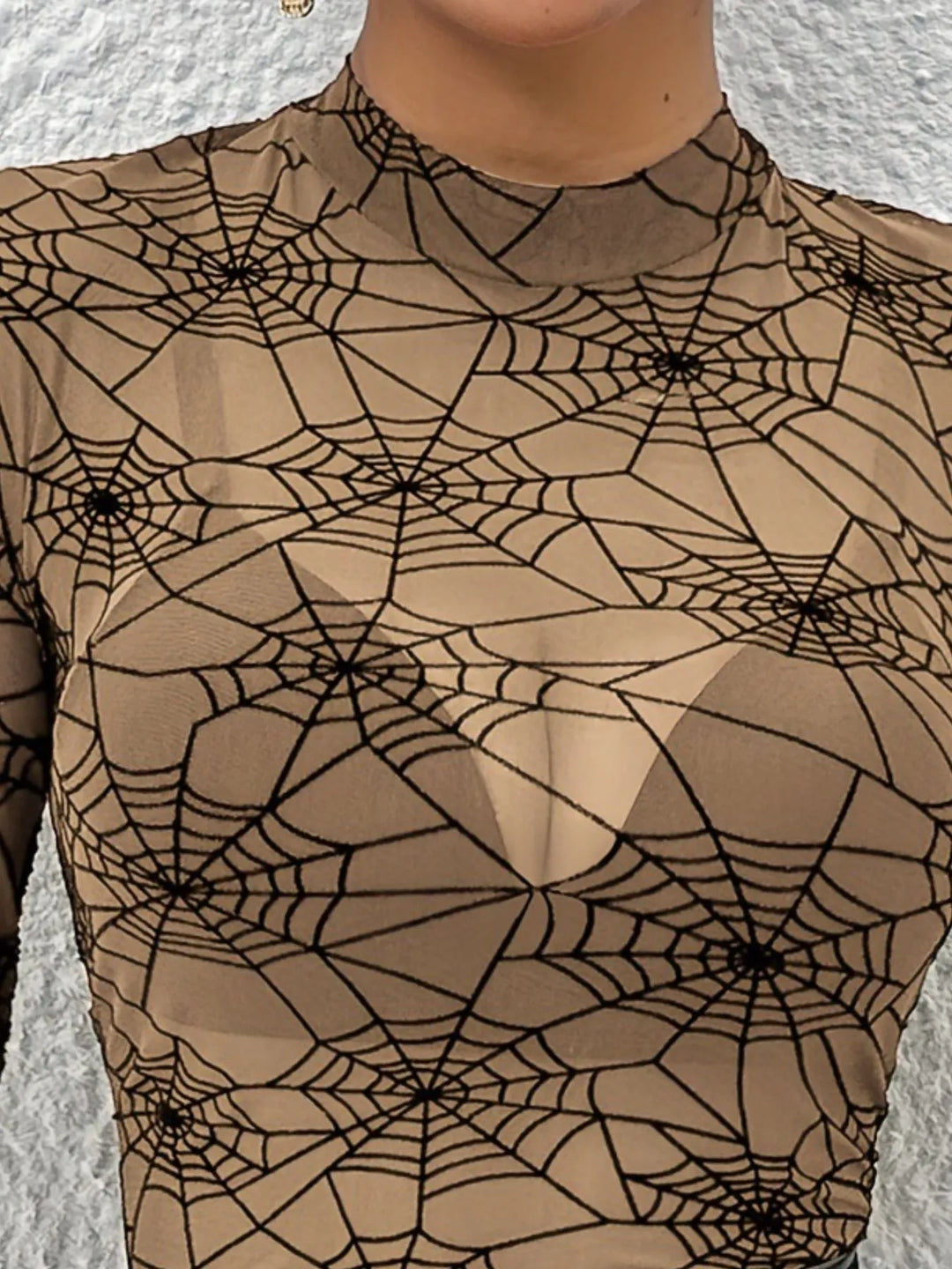 Spider web print sheer mesh long sleeve top