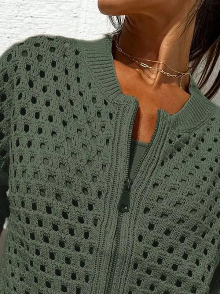 Open-knit zip-up bomber cardigan with ribbed trim