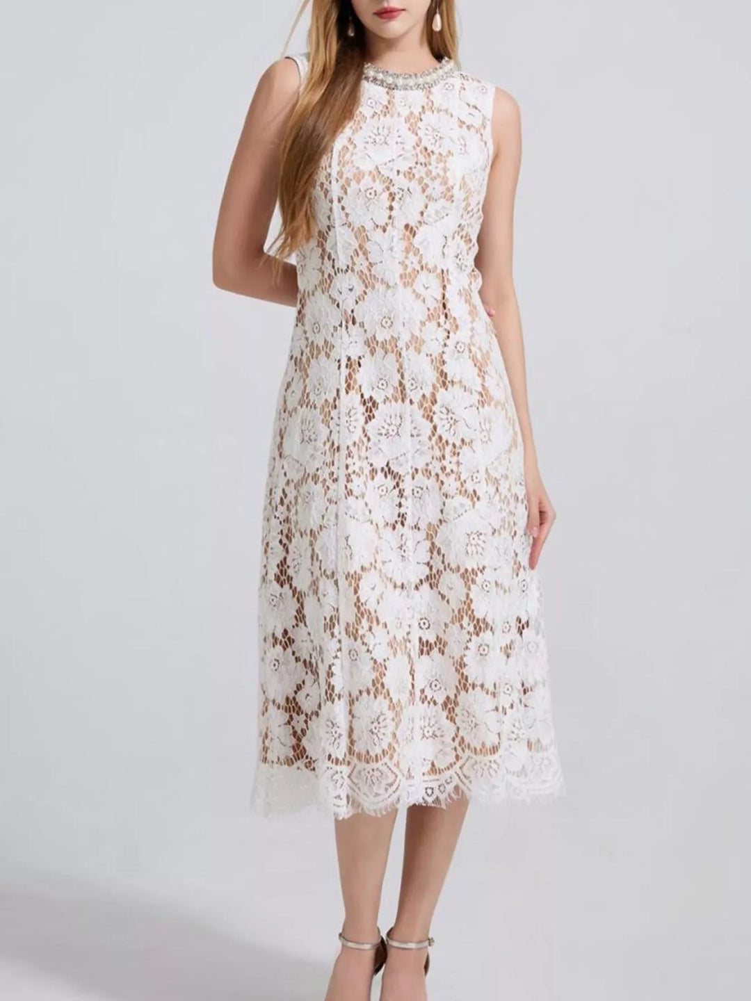 Sleeveless floral lace midi dress with pearl neckline