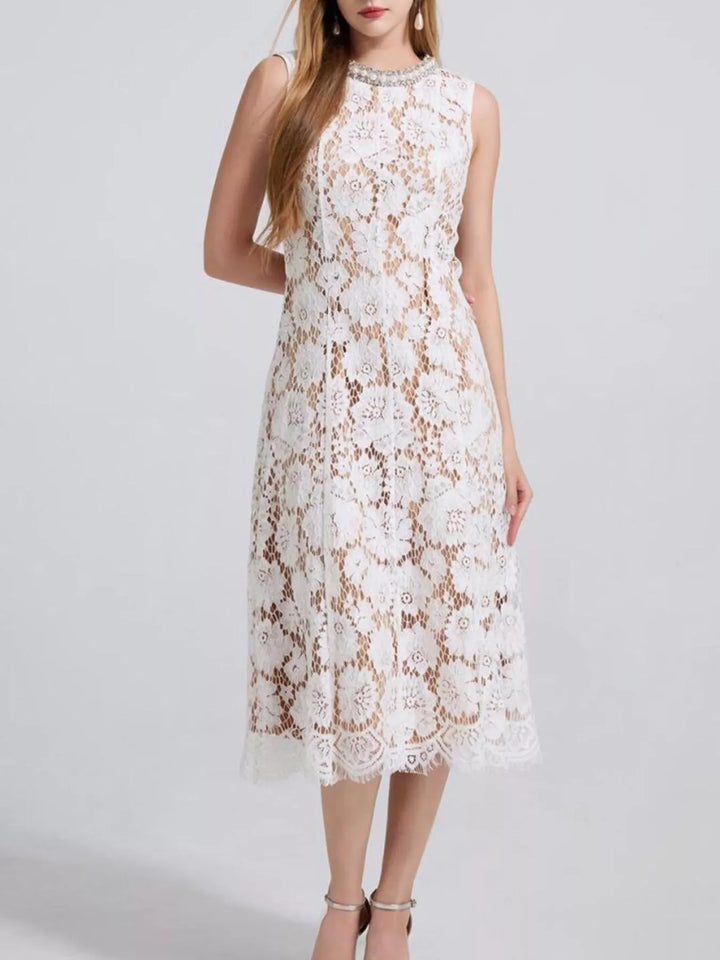 Sleeveless floral lace midi dress with pearl neckline