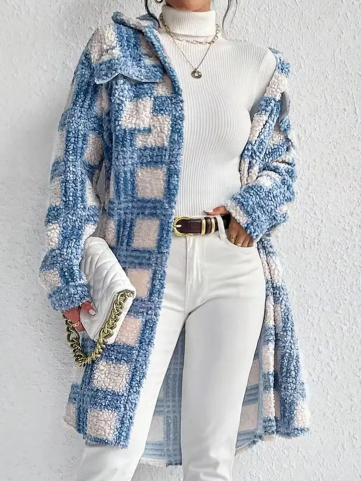 Sky Blue Plaid sherpa fleece button-up longline coat with collar