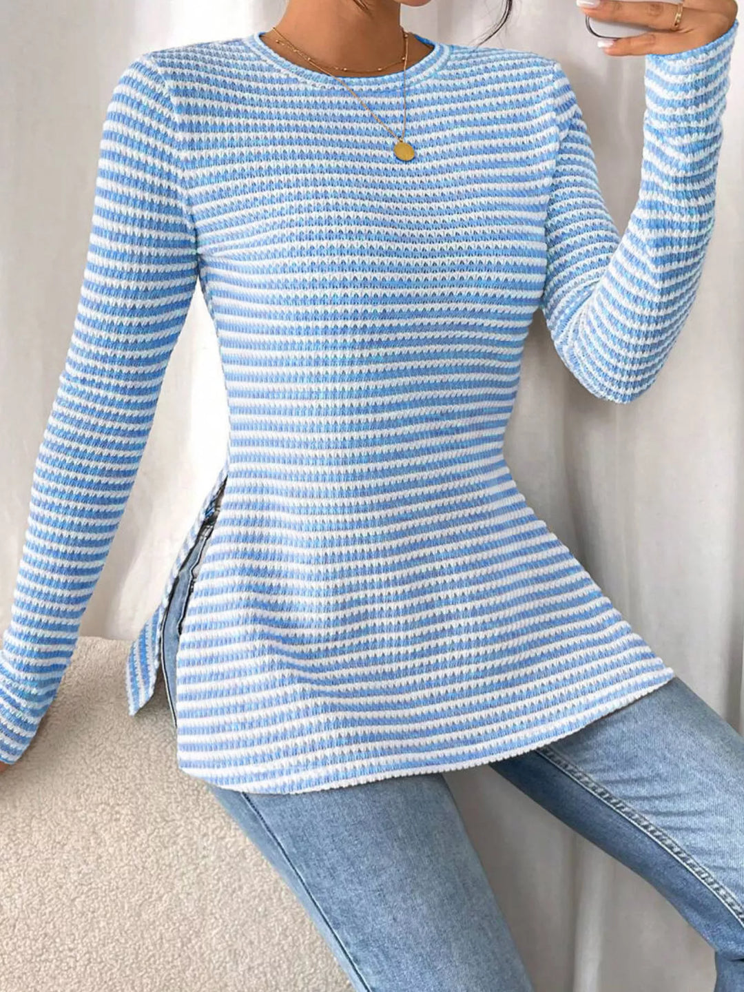 Slit-hem striped textured knit long sleeve top