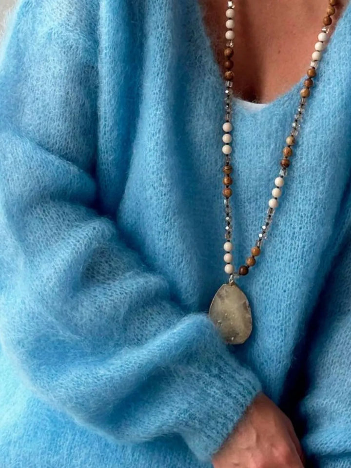 Fluffy brushed knit V-neck sweater with long sleeves