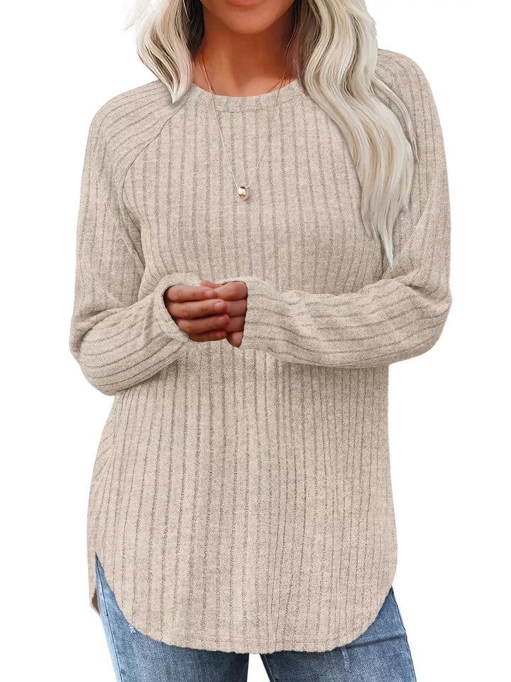 Apricot Ribbed knit crew neck long sleeve top with curved hem