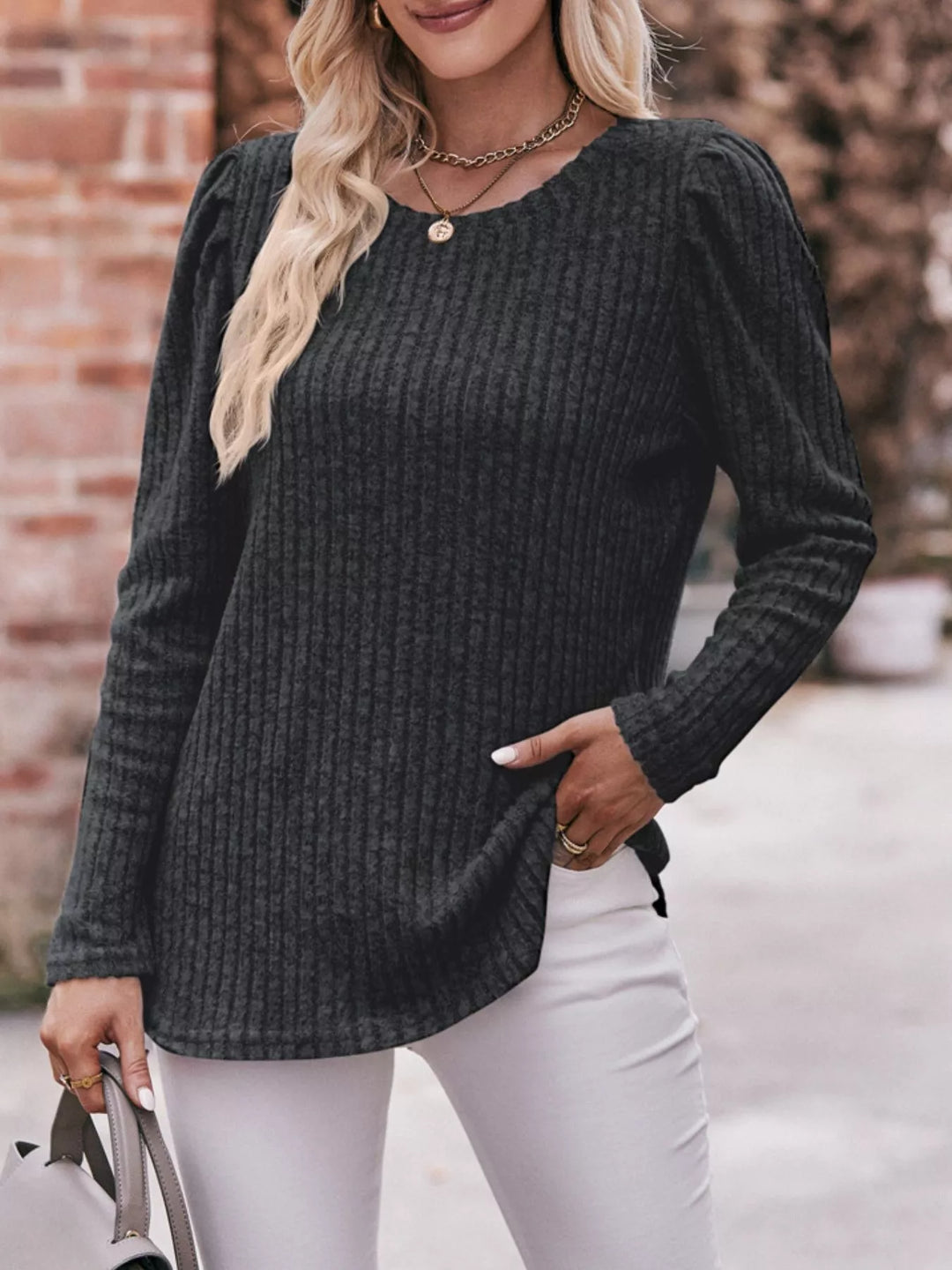 Ribbed knit long sleeve top with puff shoulders