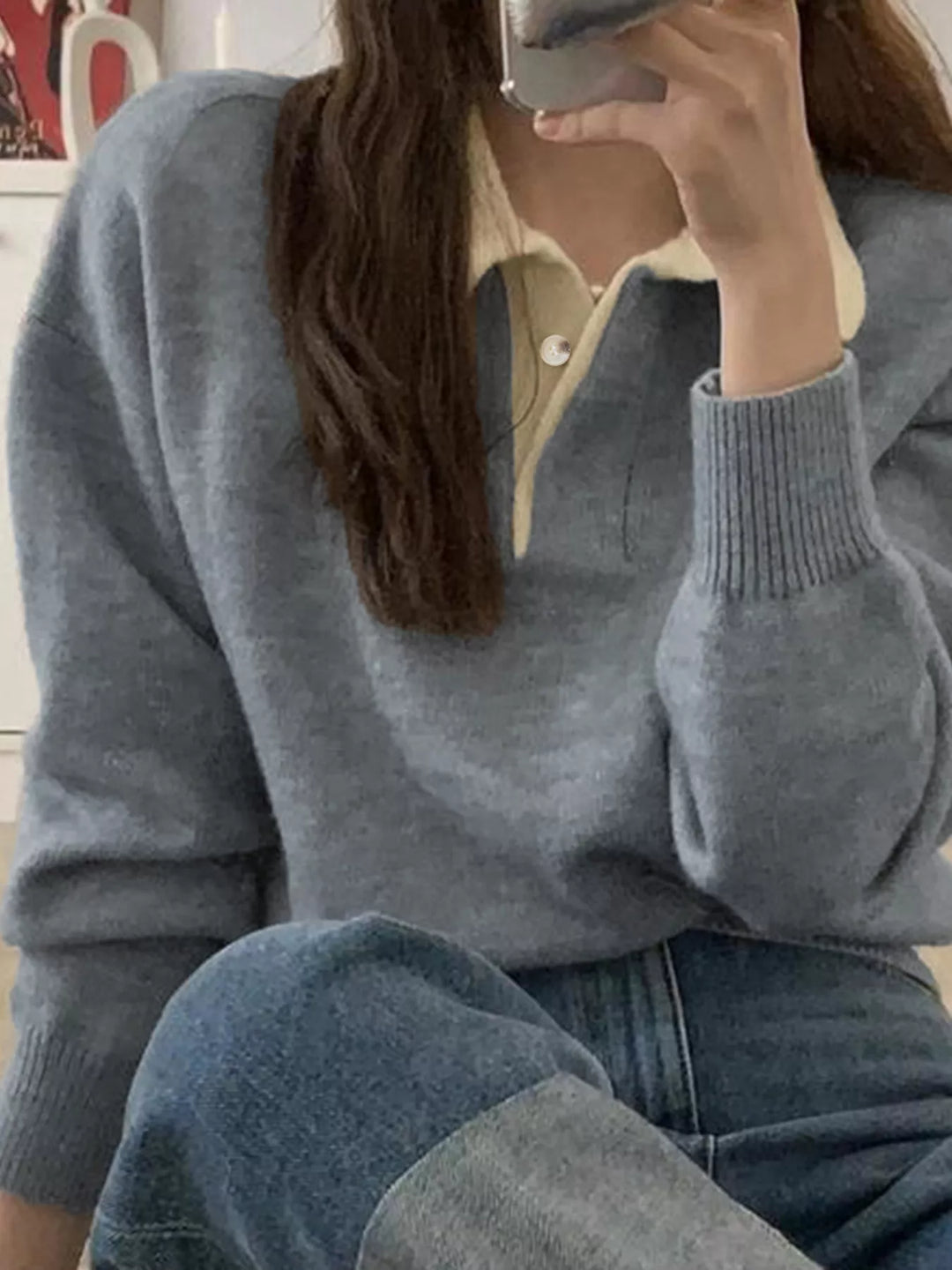 Contrast collar dropped-shoulder knit polo sweater