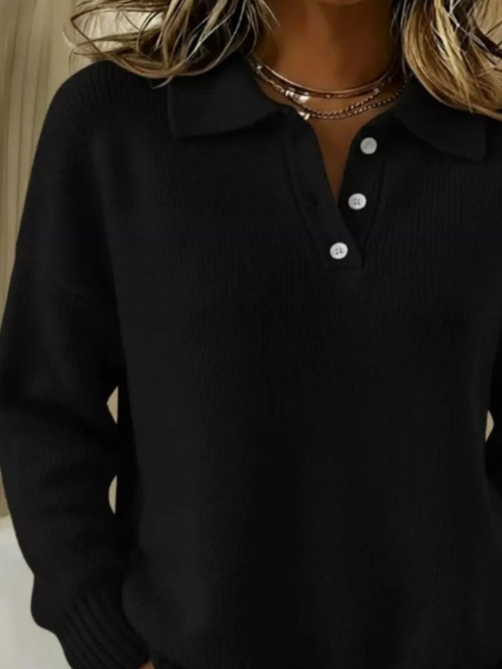 Black Half-button collar drop-shoulder pullover sweater