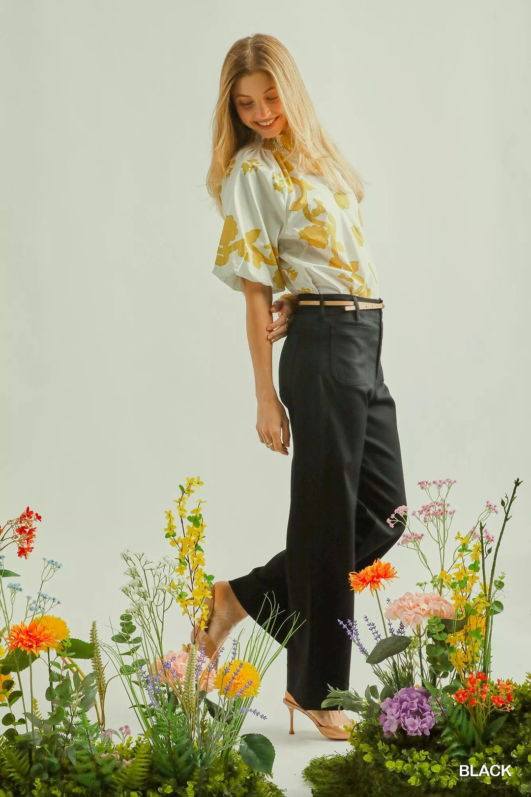 High-rise stretch straight-leg pants with button front