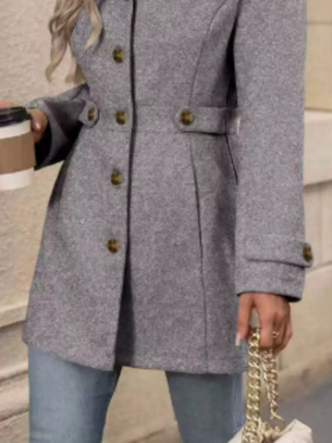 Notched lapel button-up coat with waist tabs
