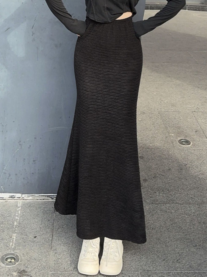 Black High-rise ribbed knit mermaid maxi skirt