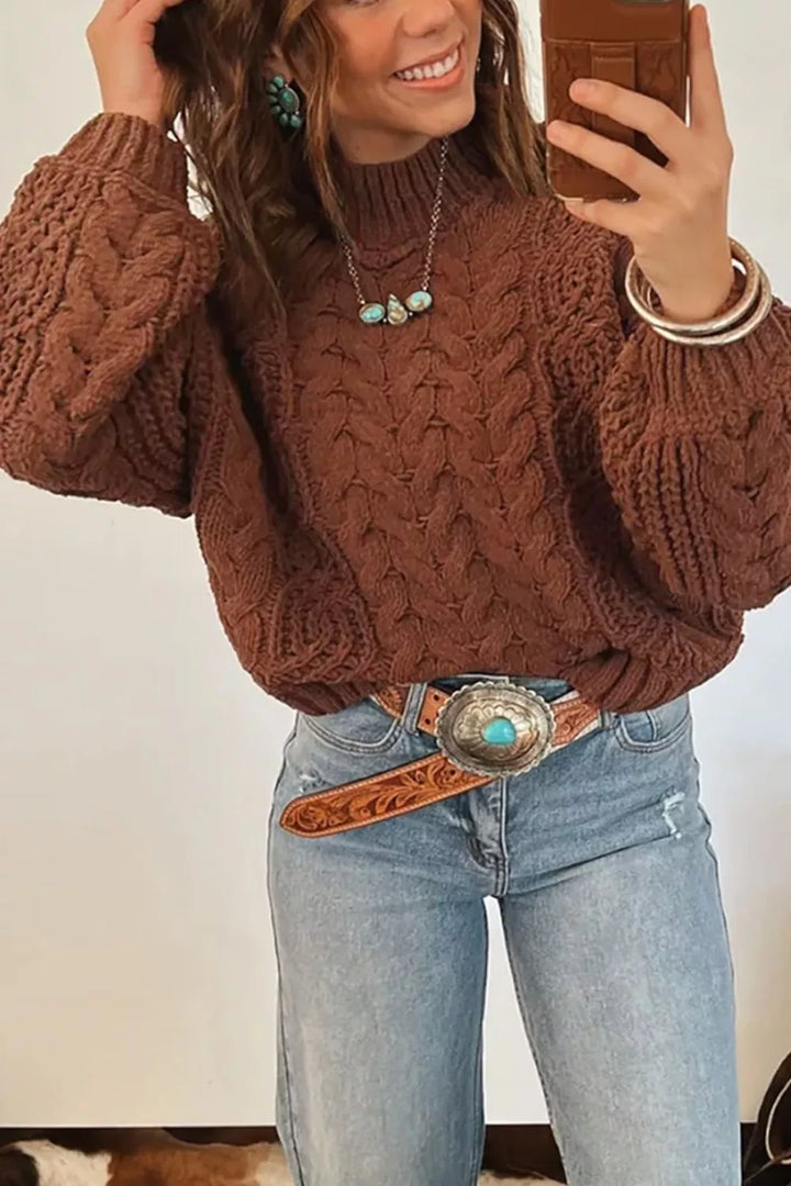 Brown Cable knit mock neck sweater with balloon sleeves
