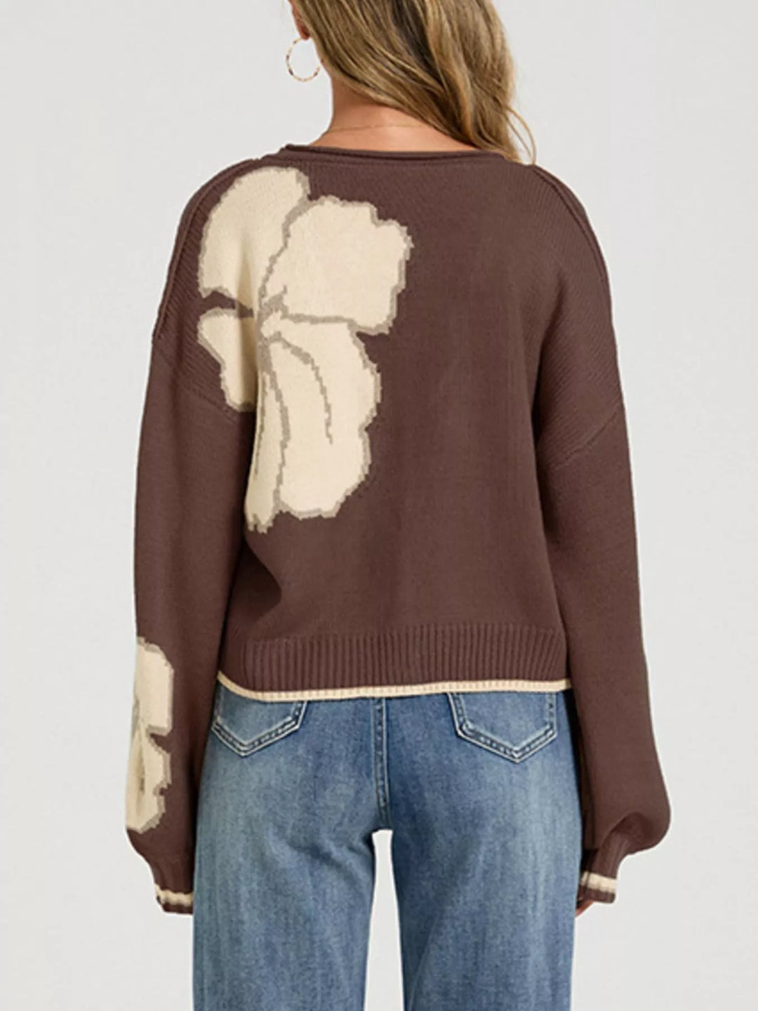 Floral intarsia knit cardigan with deep V-neck and buttons