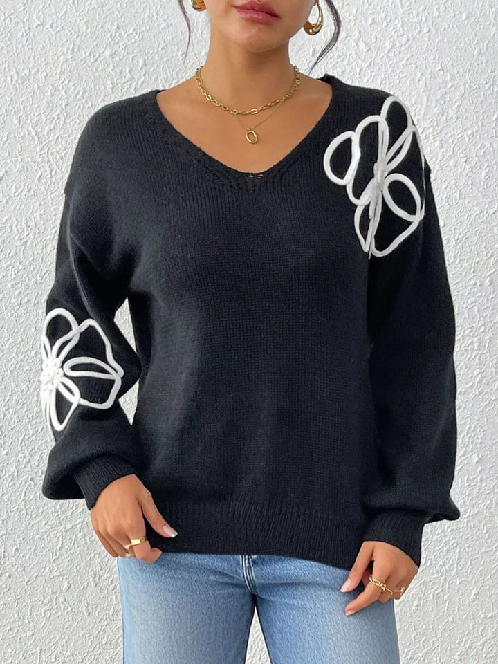 Floral applique V-neck drop shoulder knit sweater