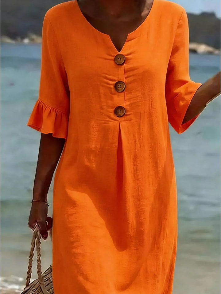 Orange Flounce sleeve button-front pleated midi dress